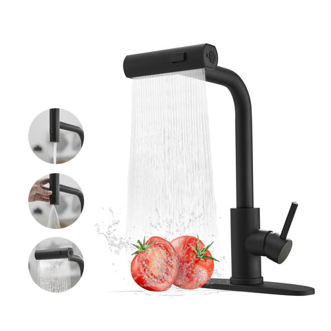 JOOM black kitchen faucet with pull-down sprayer for effortless cleanup.