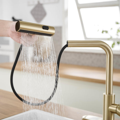 JOOM Gold faucet retractable hose extending across the sink