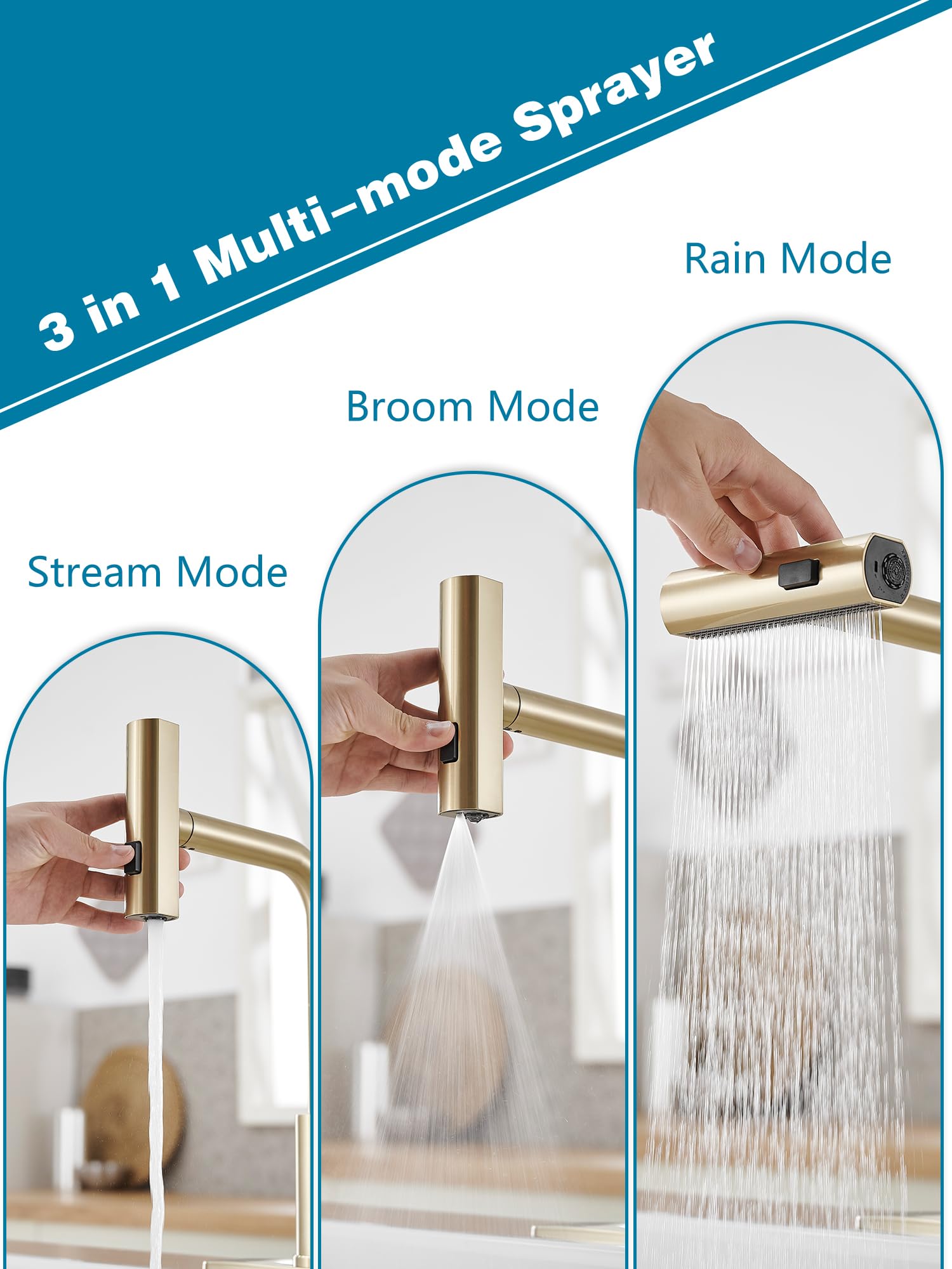 JOOM Gold faucet with waterfall-spout design for a sleek look