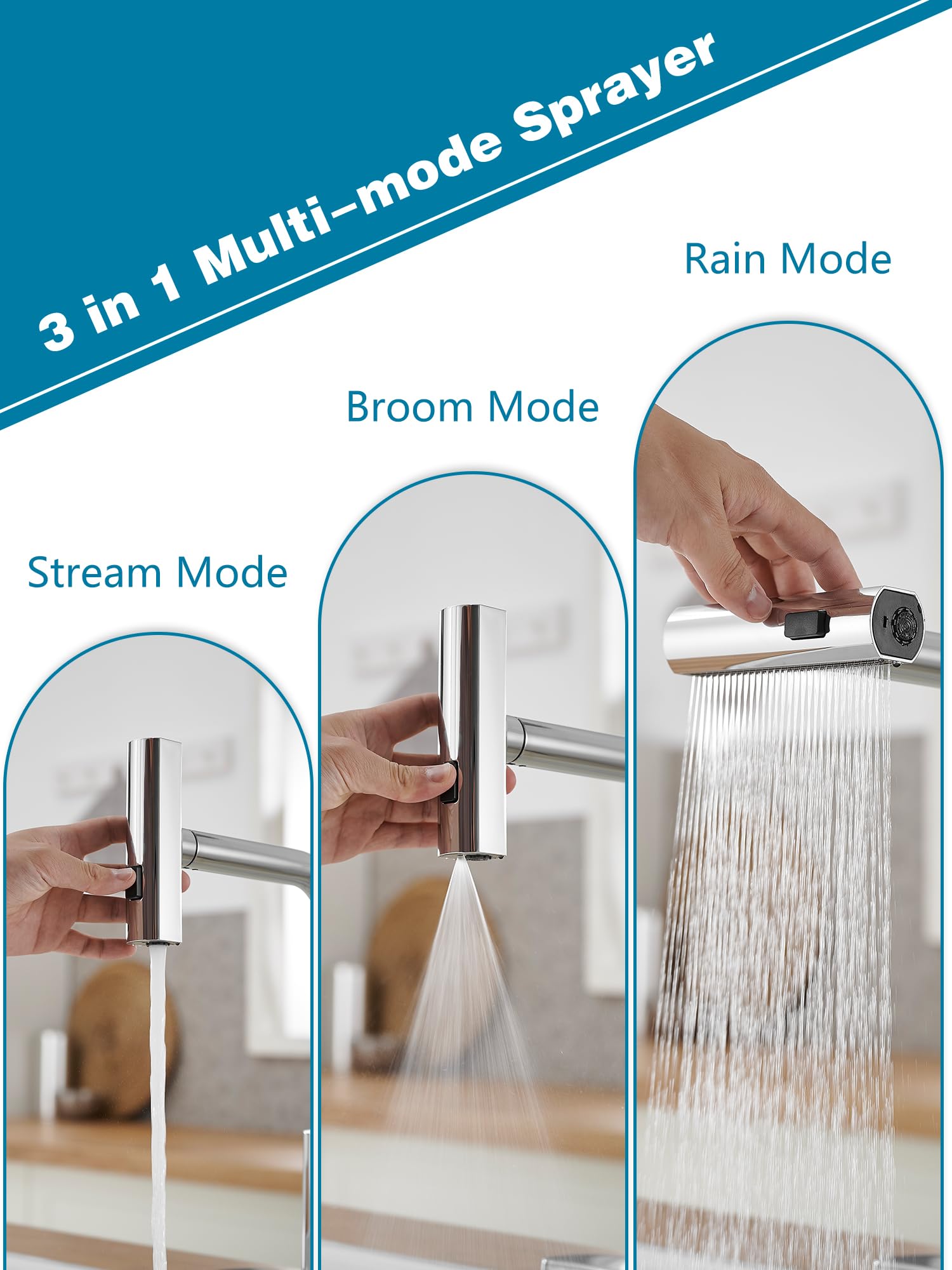 JOOM kitchen faucet with waterfall flow for steady, wide-reaching cleaning.