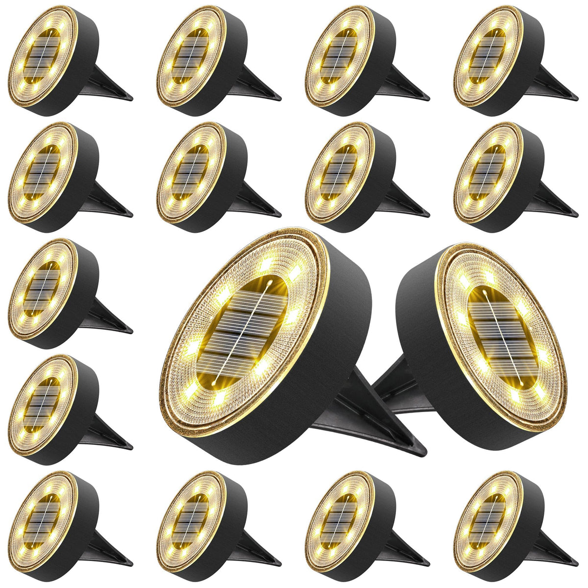 Joomer solar ground light with 8-LED disc illuminating a garden path with warm white glow.