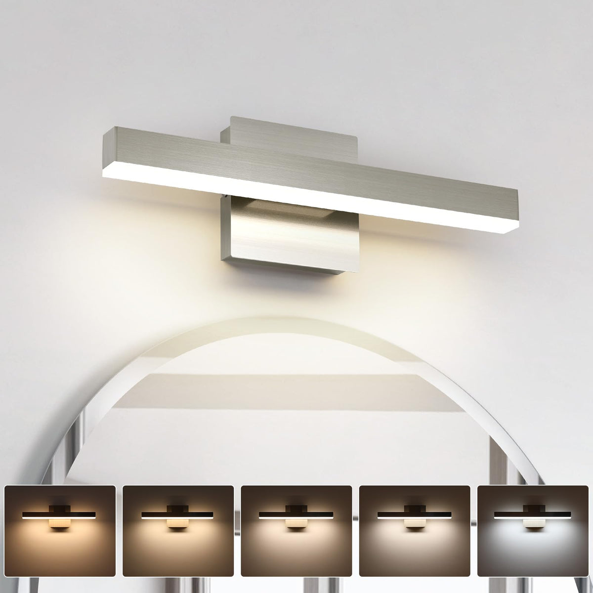 Joossnwell brushed nickel vanity light bar for even mirror illumination.