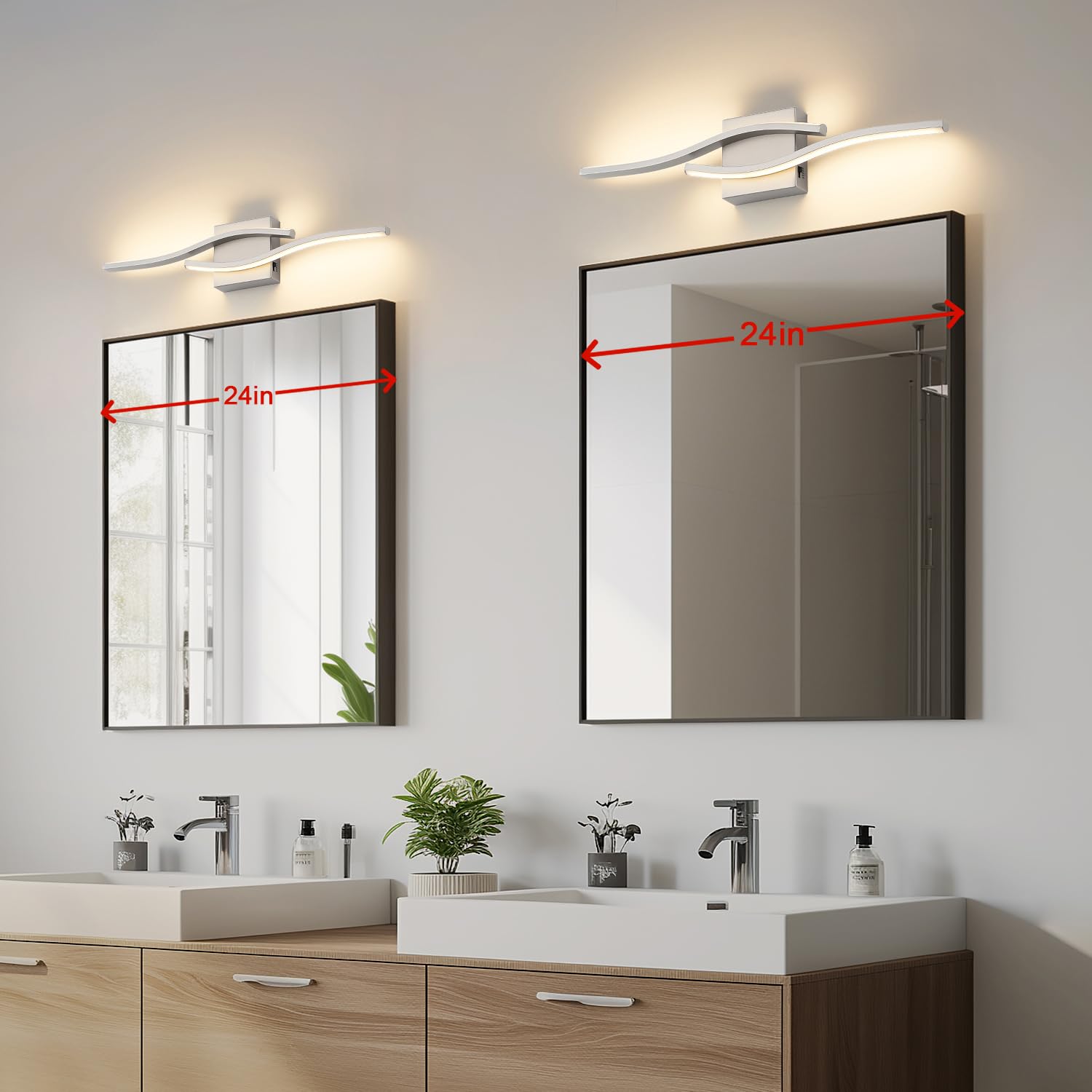 Joossnwell brushed nickel wall-mount vanity light creates balanced bathroom ambiance.