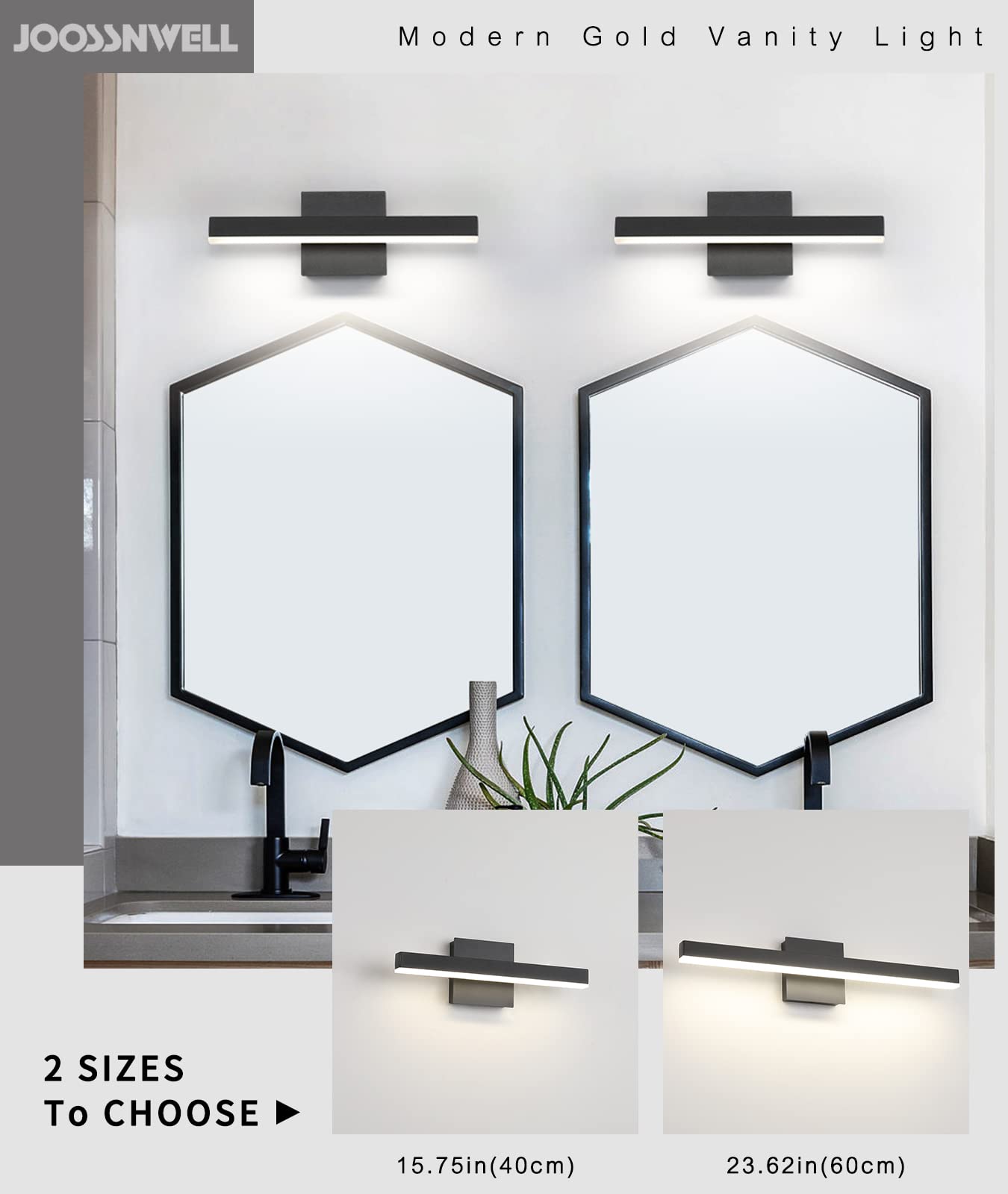 Joossnwell vanity light bar side angle highlights slim modern design.