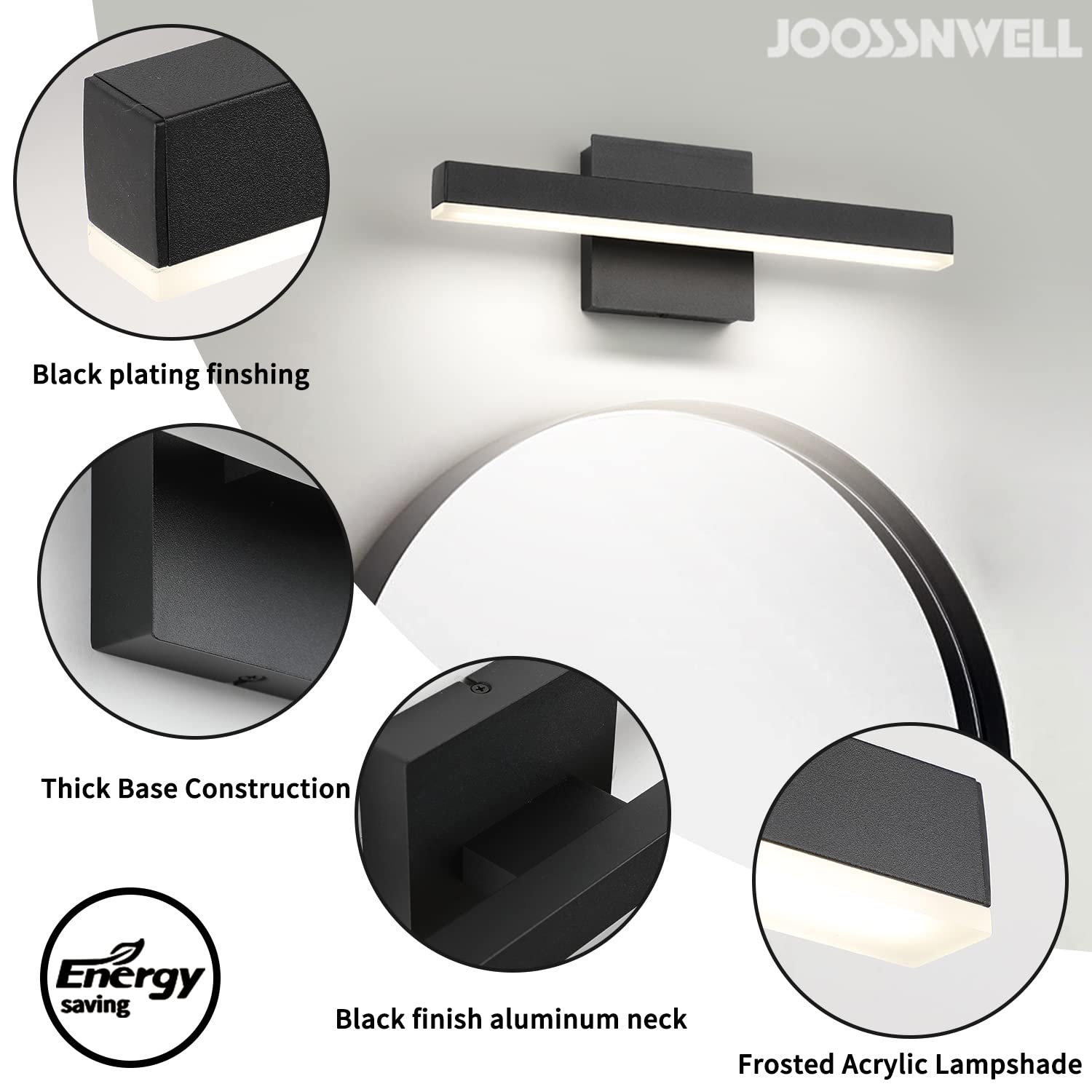 Joossnwell black wall sconce enhances contemporary bathroom style while reducing glare.