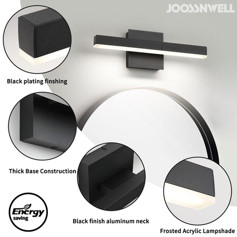 Joossnwell black wall sconce enhances contemporary bathroom style while reducing glare.