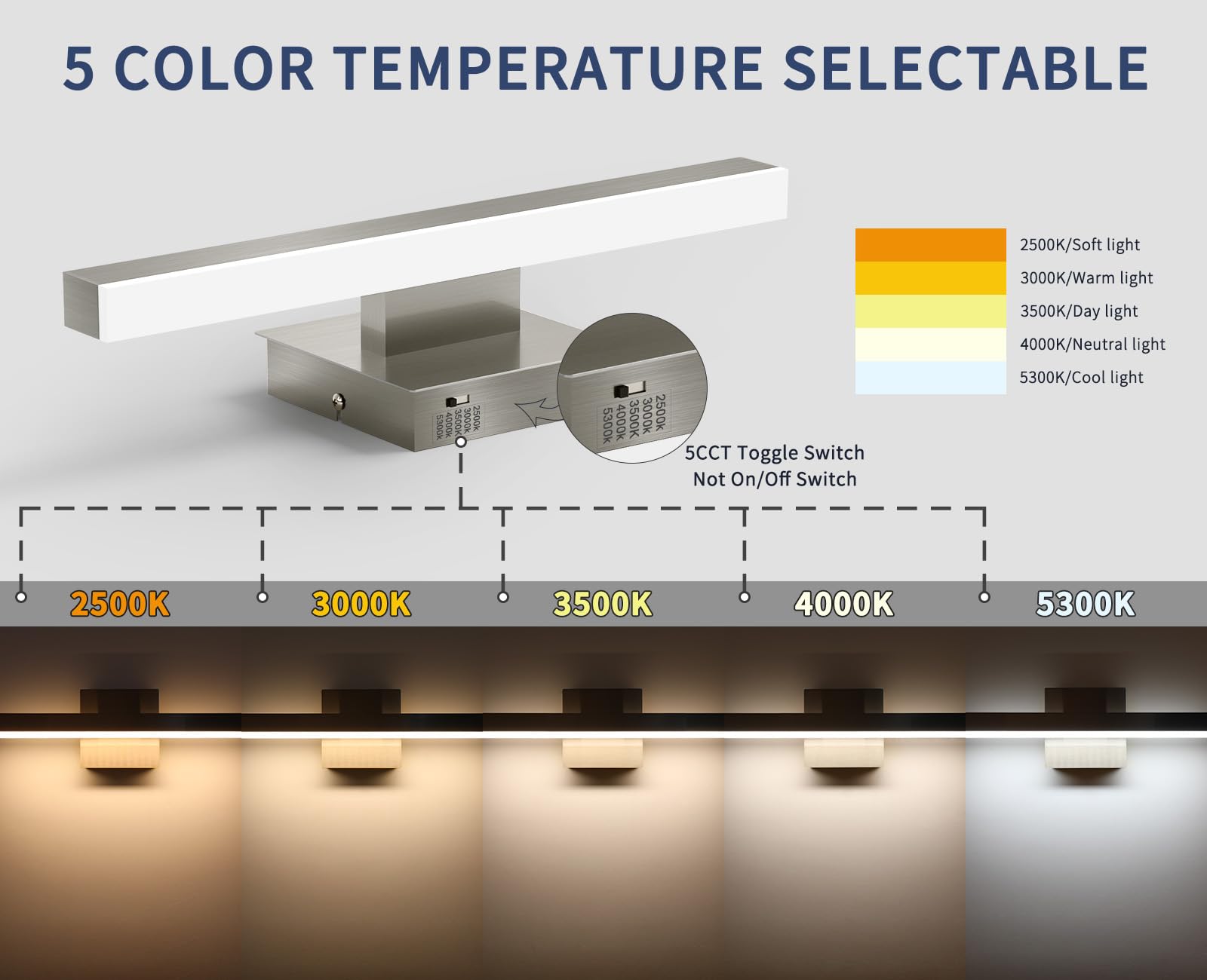 Joossnwell 5CCT dimmable vanity light with mood lighting options.