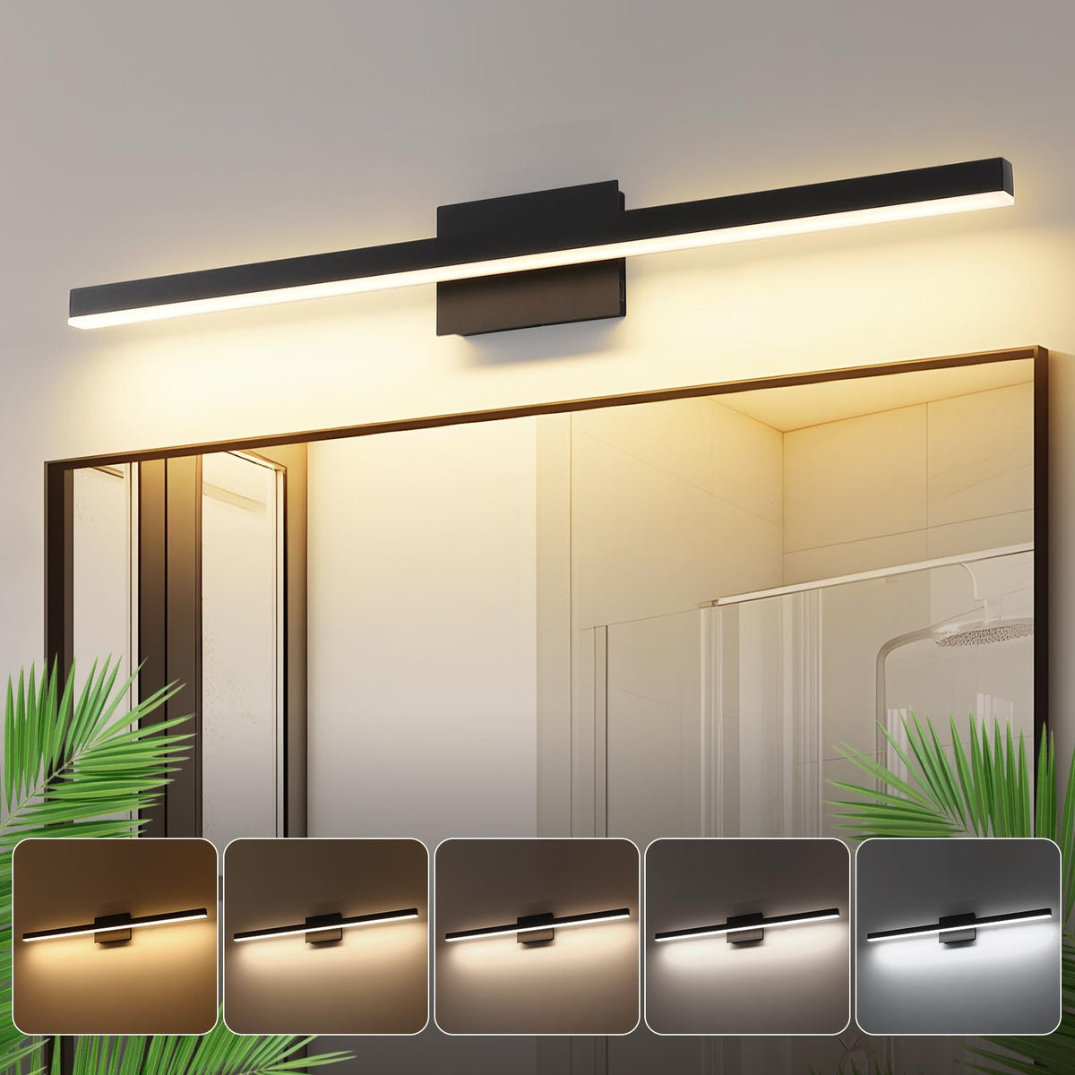 Joossnwell vanity light bar in black shows five color temperatures for versatile bathroom illumination
