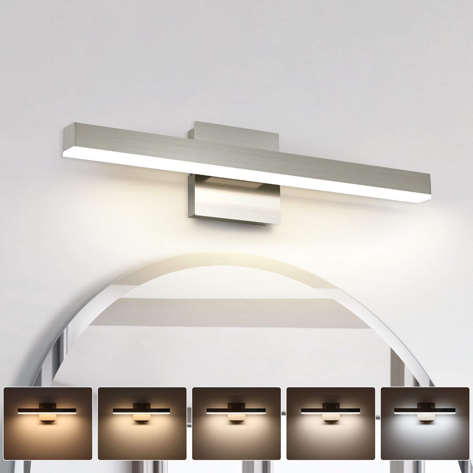 Joossnwell vanity light bar in brushed nickel over mirror provides even illumination.