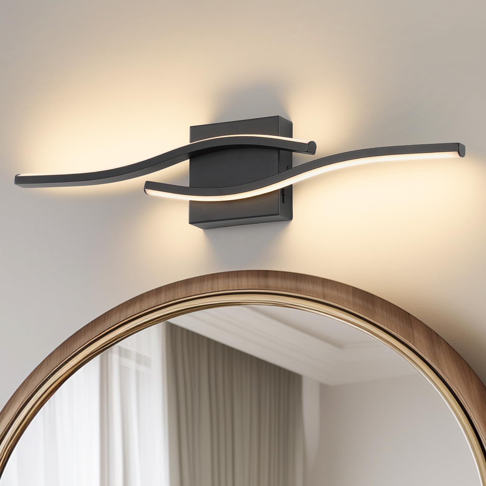 Joossnwell vanity light bar in black above the mirror for even makeup lighting.