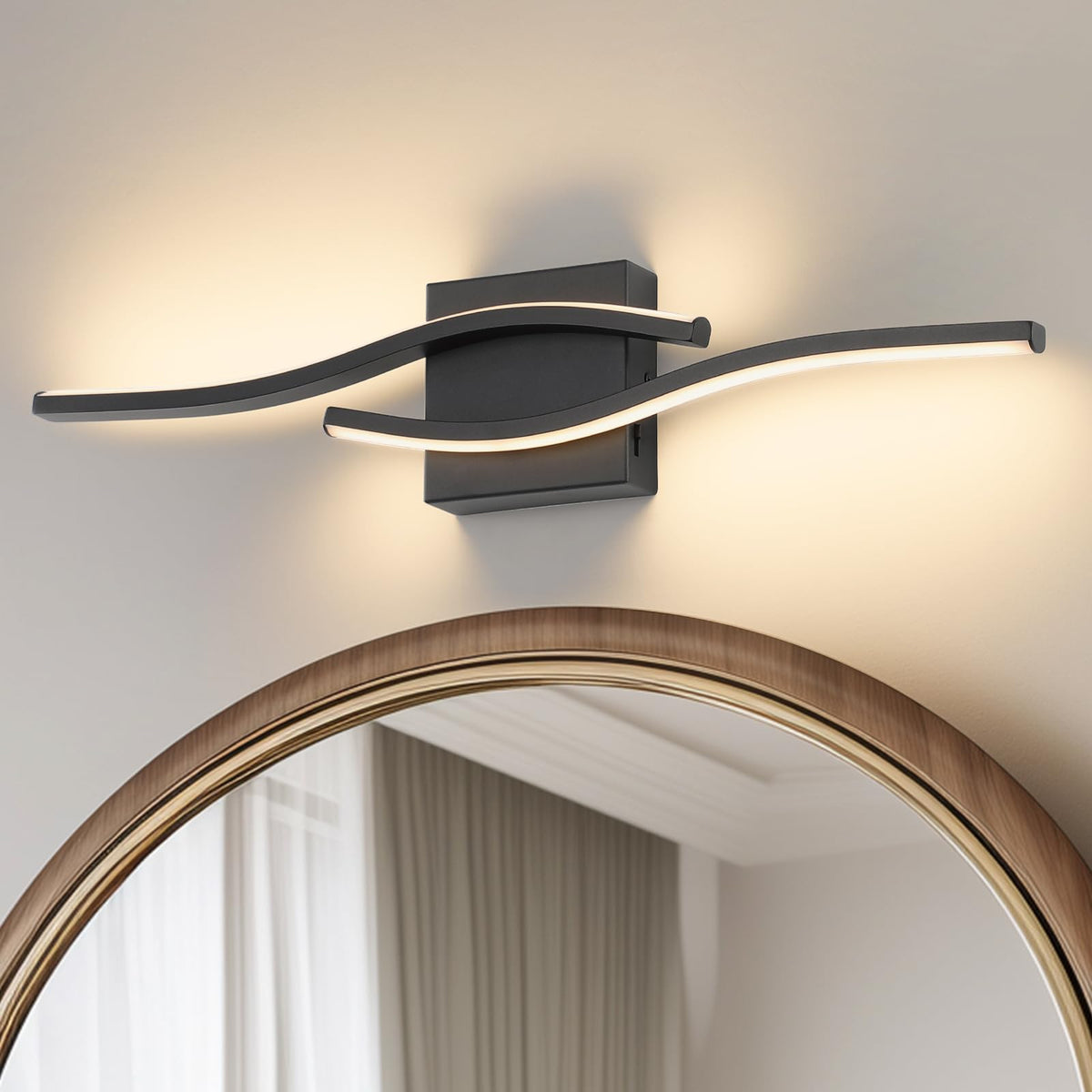 Joossnwell vanity light bar in black above the mirror for even makeup lighting.