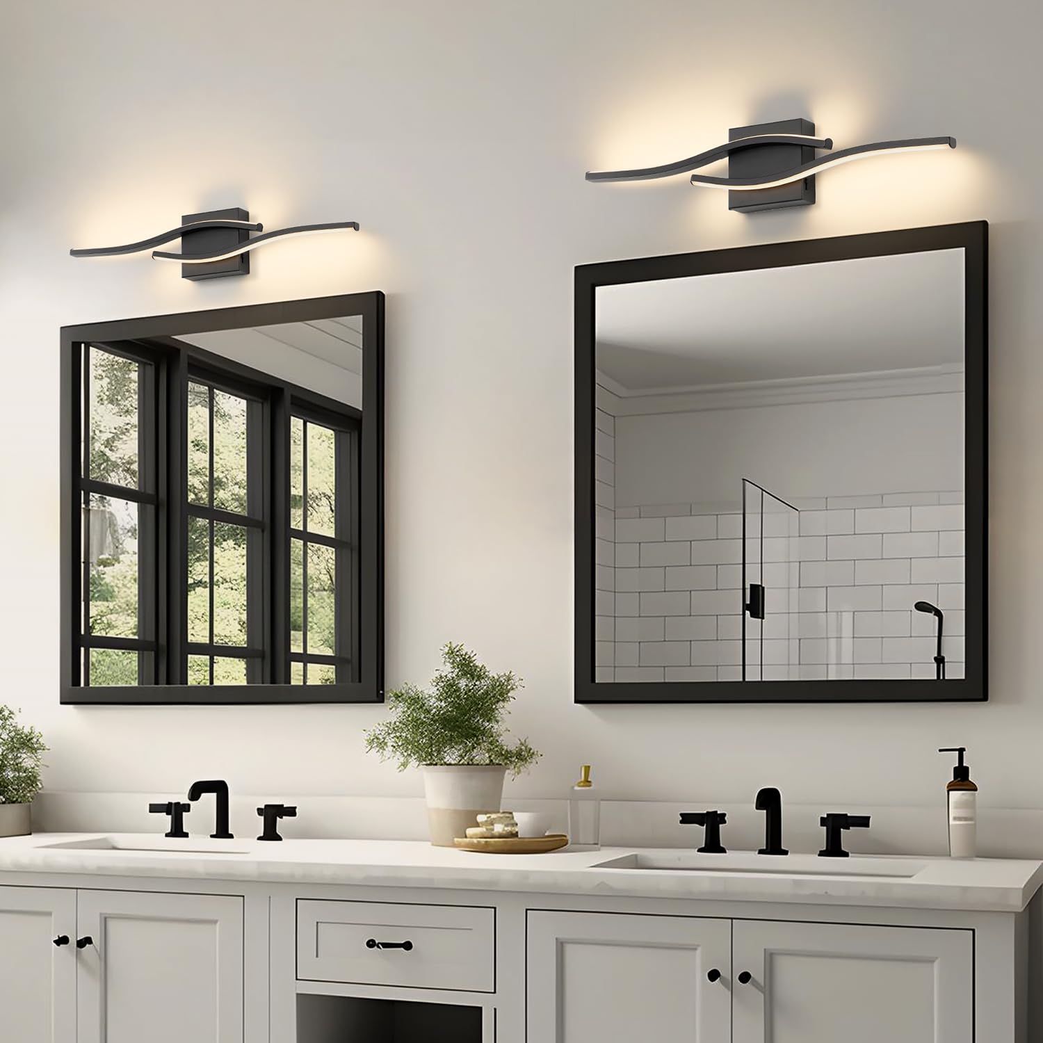 Joossnwell black finish adds contemporary style to bathroom lighting.