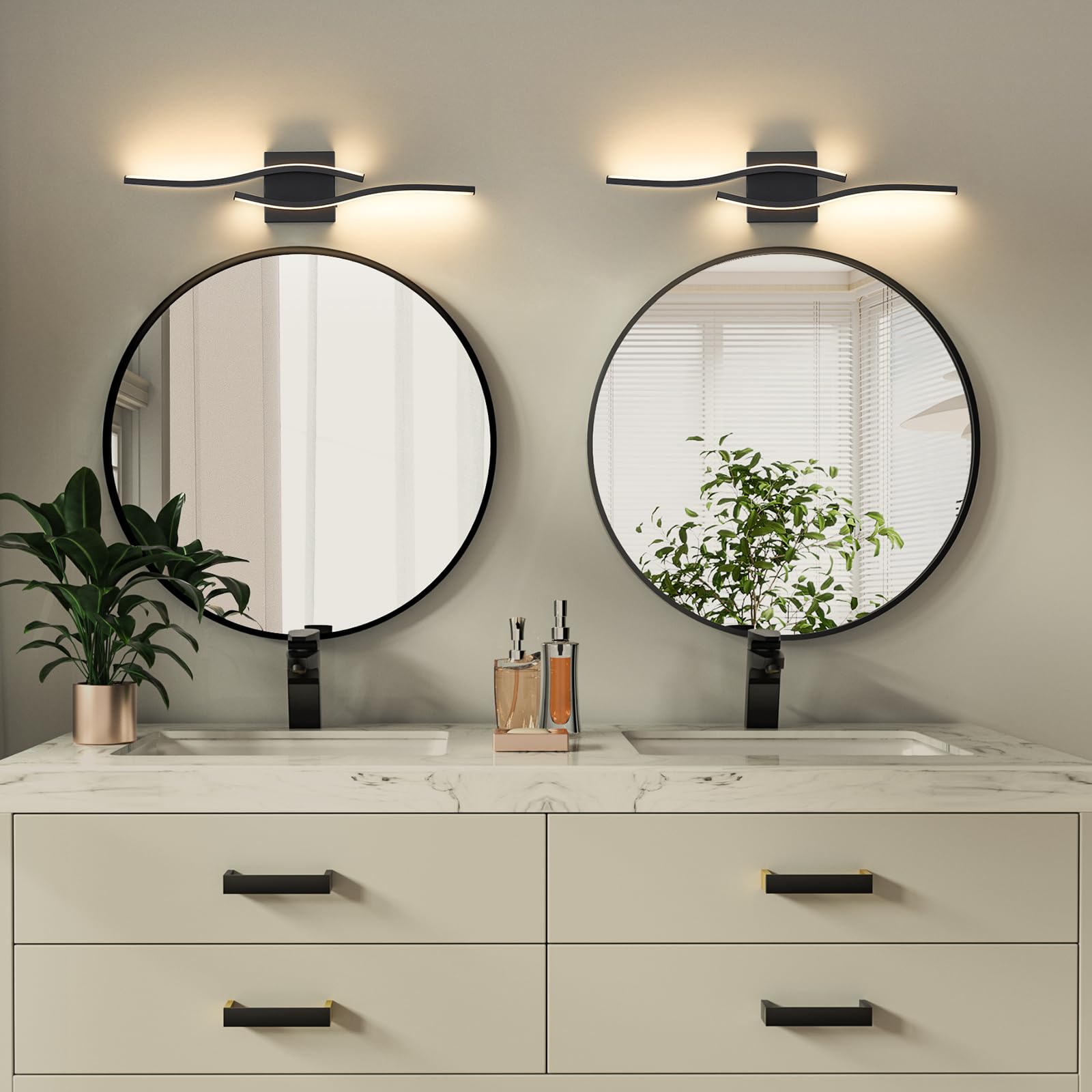 Joossnwell 23-inch black fixture installed flush over mirror in a modern bathroom.
