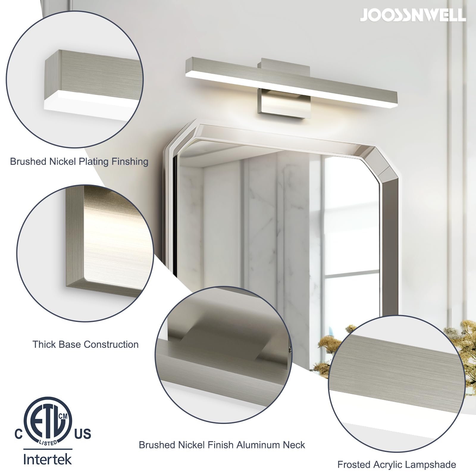 Joossnwell vanity light resists corrosion and water exposure for bathrooms.