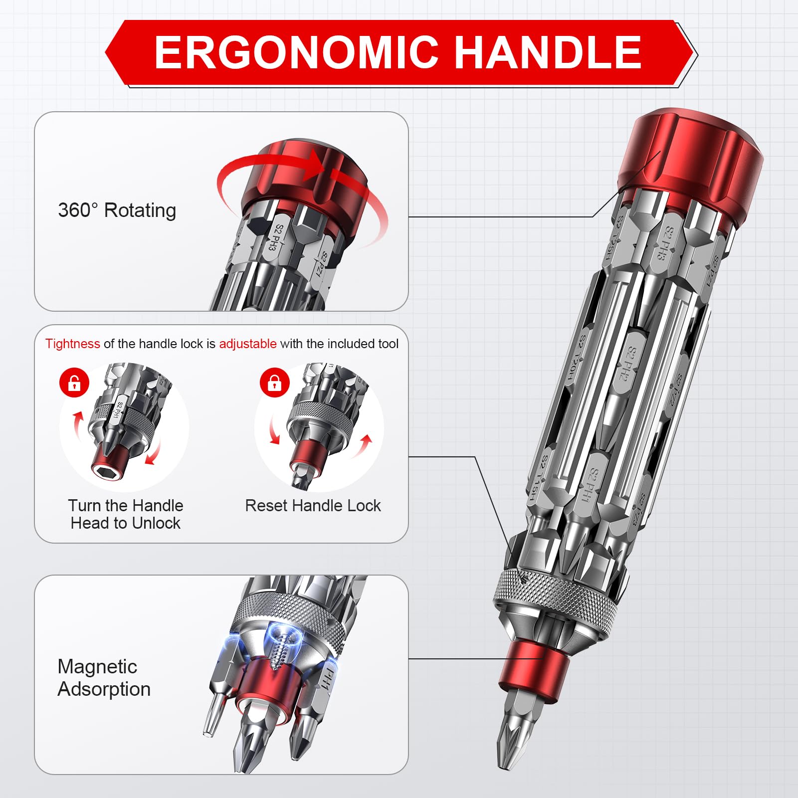 JOREST magnetic head helps hold screws during one-handed use.