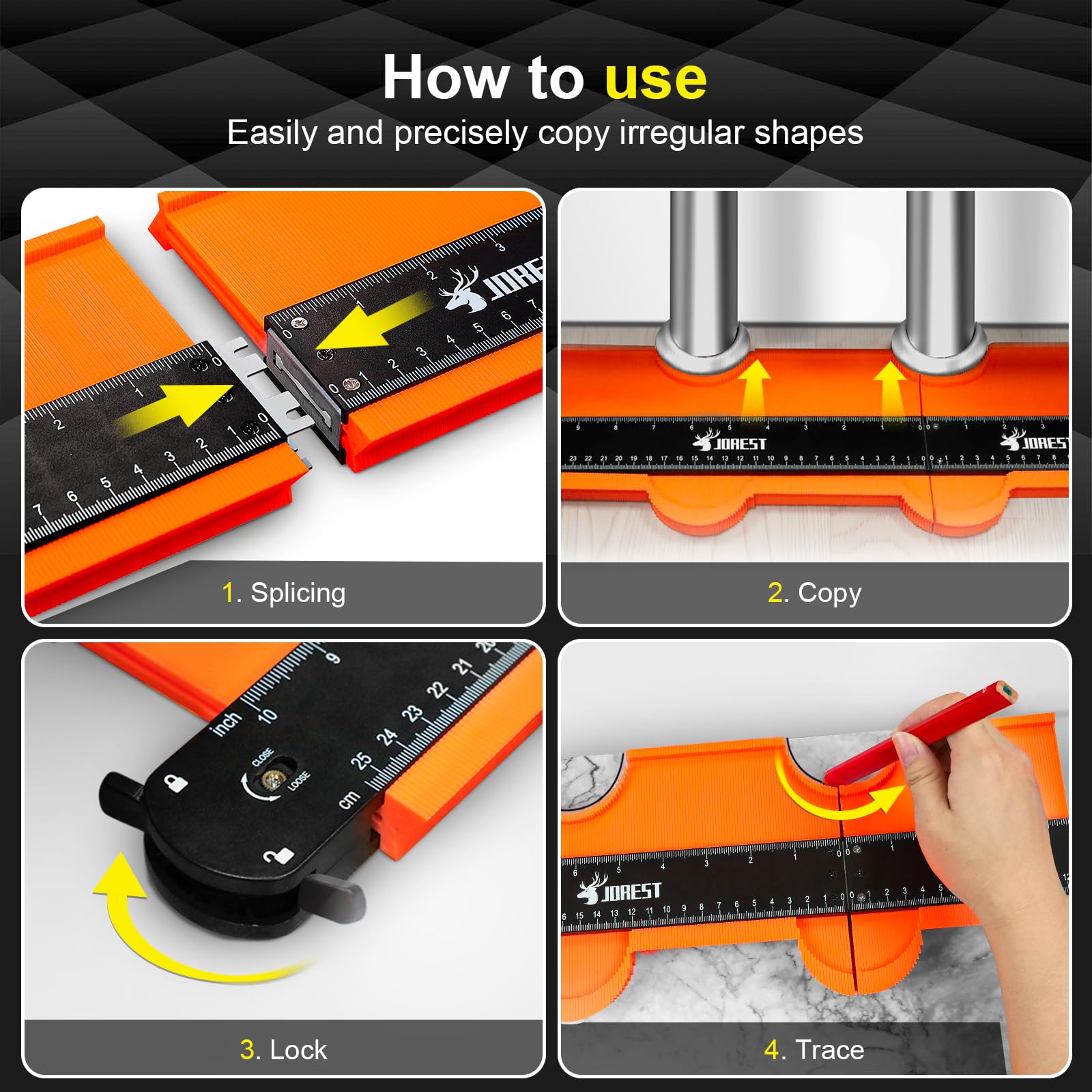JOREST contour gauge lock keeps copied shapes steady during tracing.