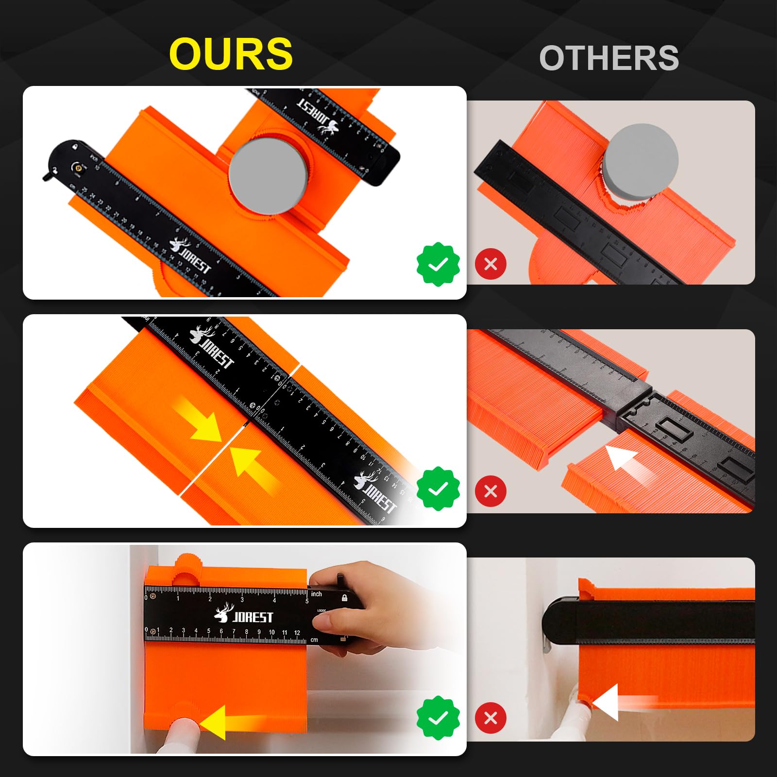 JOREST contour gauge traces odd shapes quickly for accurate cuts.