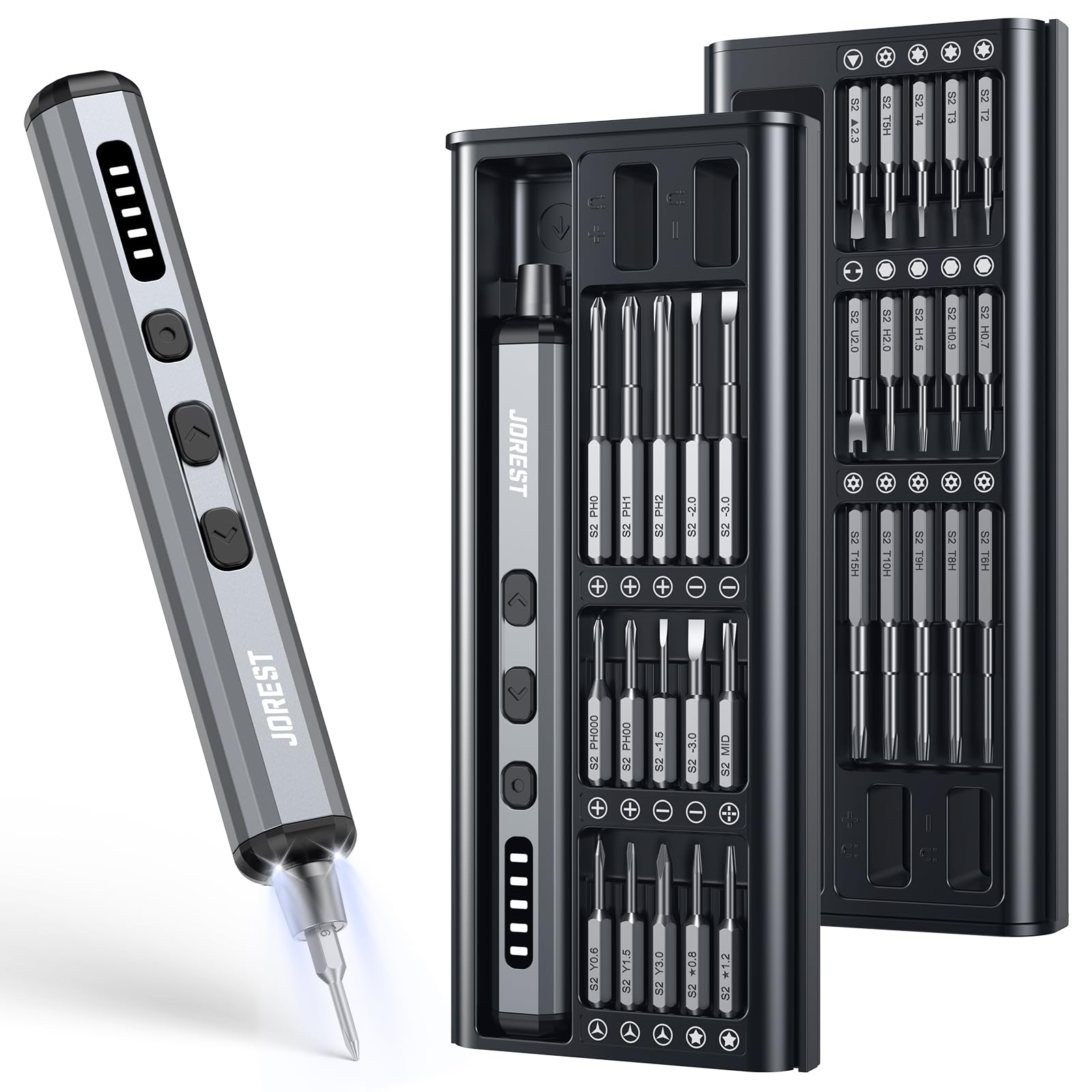 JOREST mini electric screwdriver front view with compact design for precise electronics repairs.
