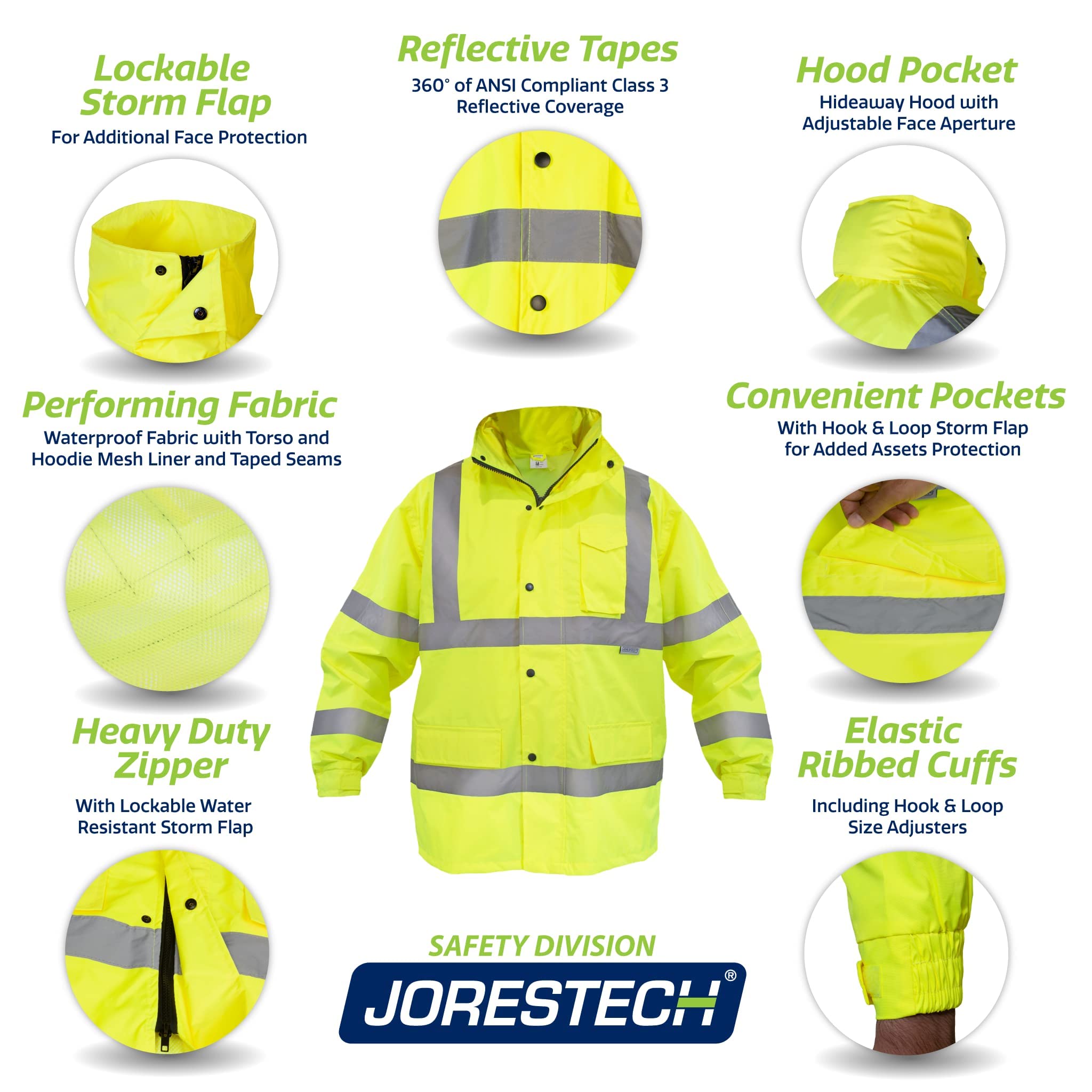 JORESTECH hi-visibility rain jacket cuff detail highlights adjustable Velcro cuffs.