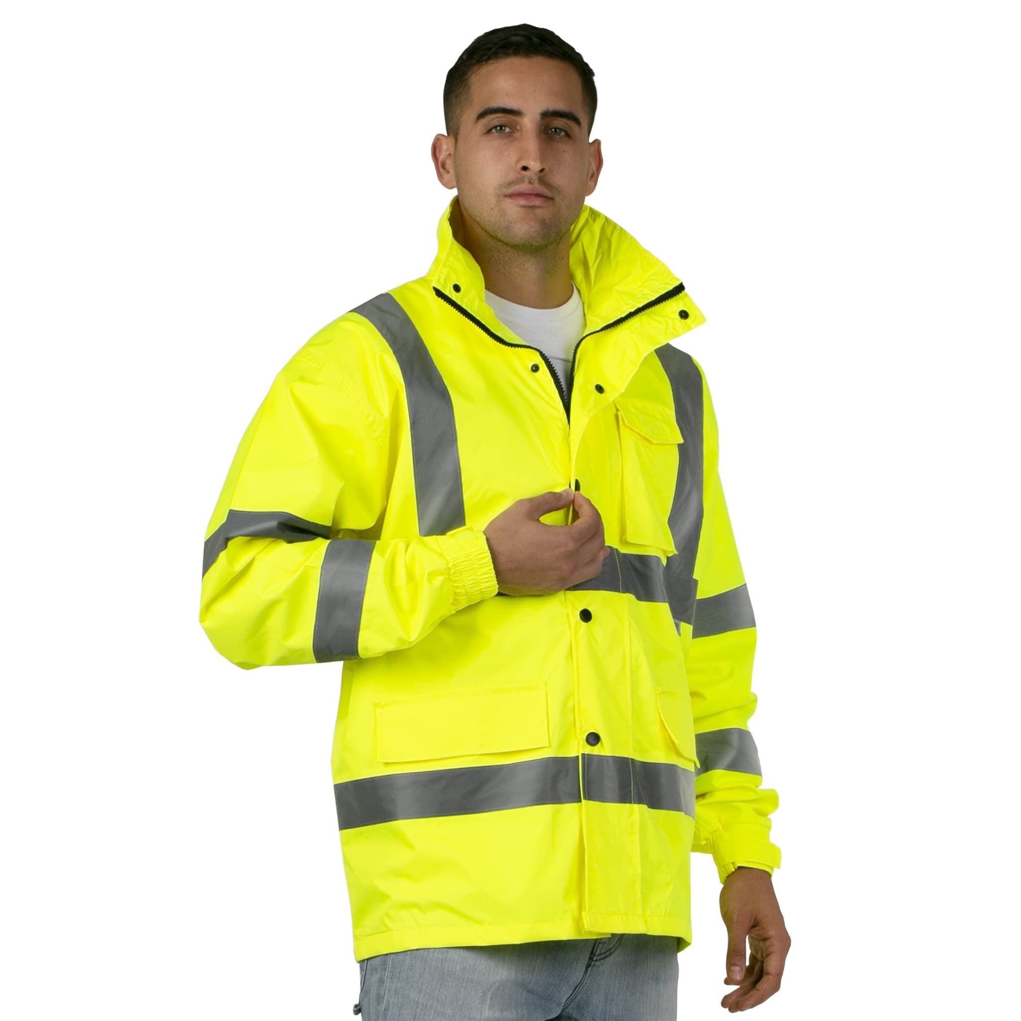 JORESTECH hi-visibility rain jacket concealed hood ready for sudden rain showers.