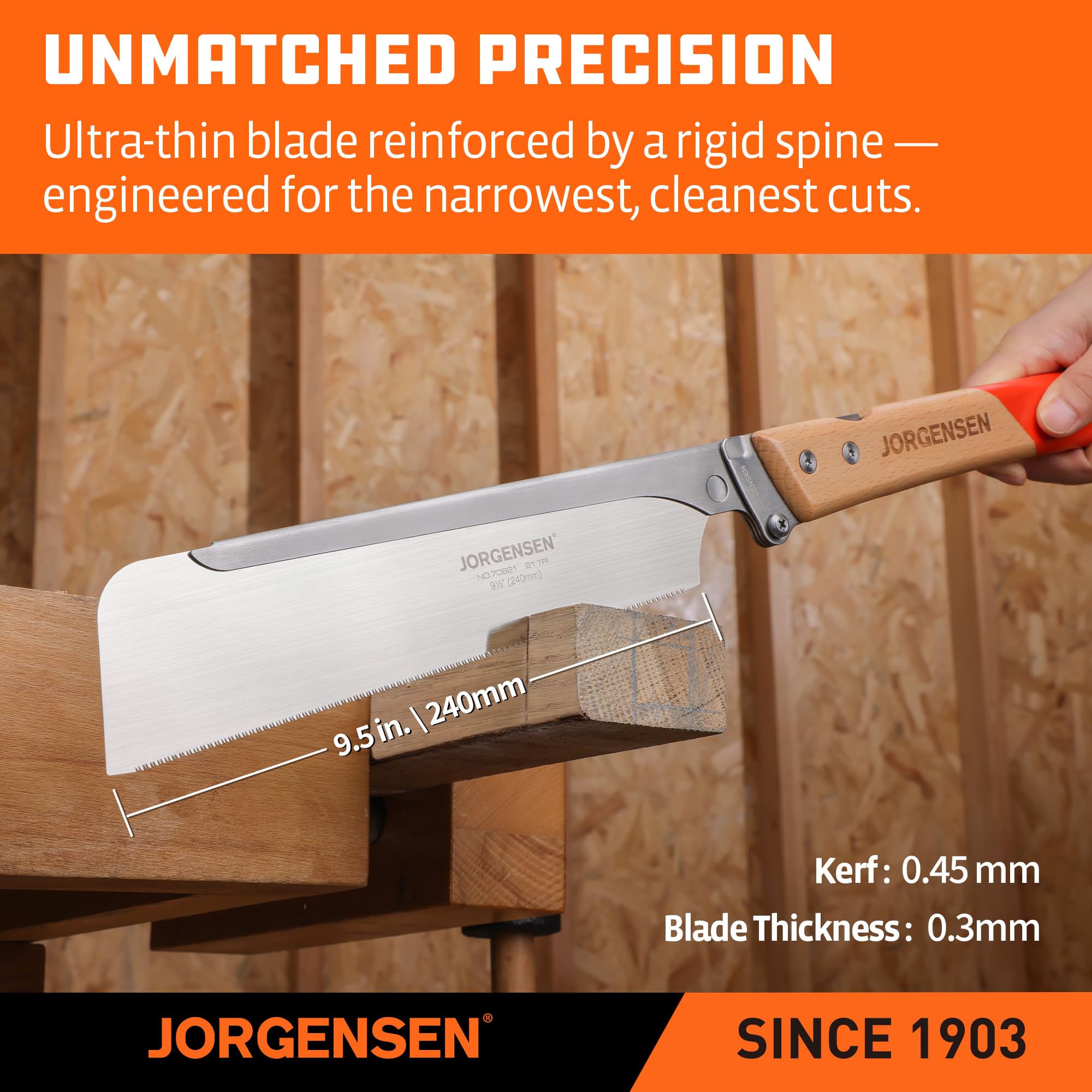 Jorgensen 0.3mm blade thickness supports narrow kerfs.