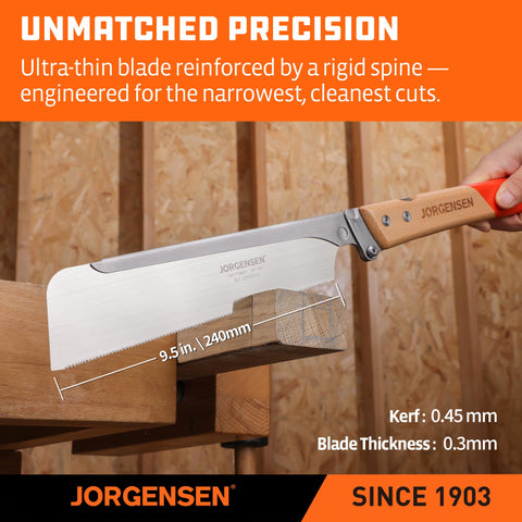 Jorgensen 0.3mm blade thickness supports narrow kerfs.