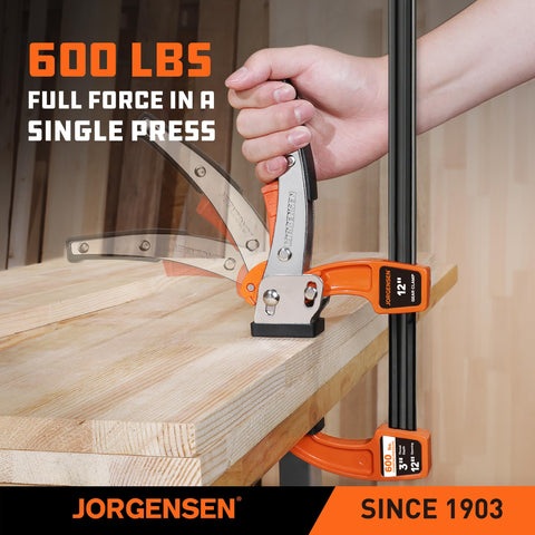 Jorgensen 12-inch bar clamp 600 lb capacity for sturdy workholding.