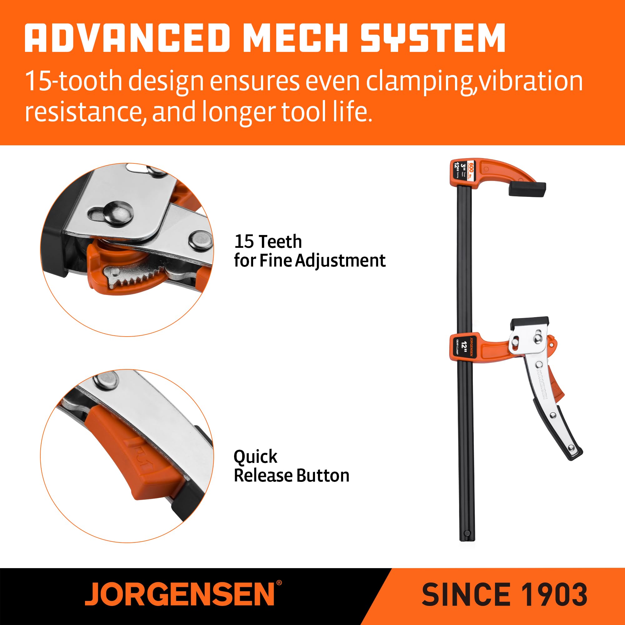 Jorgensen 12-inch bar clamp tightening action with minimal shift.