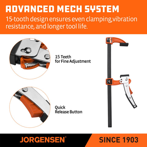 Jorgensen 12-inch bar clamp tightening action with minimal shift.