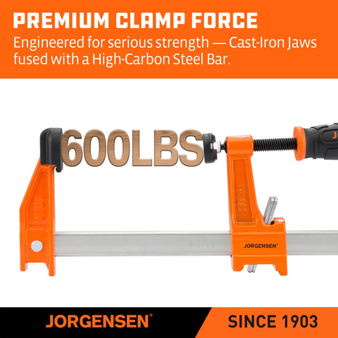 Jorgensen 12-inch bar clamp in use stabilizing long panels.