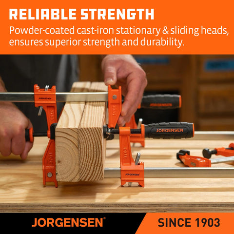 Jorgensen 12-inch bar clamps wide opening for multiple boards.