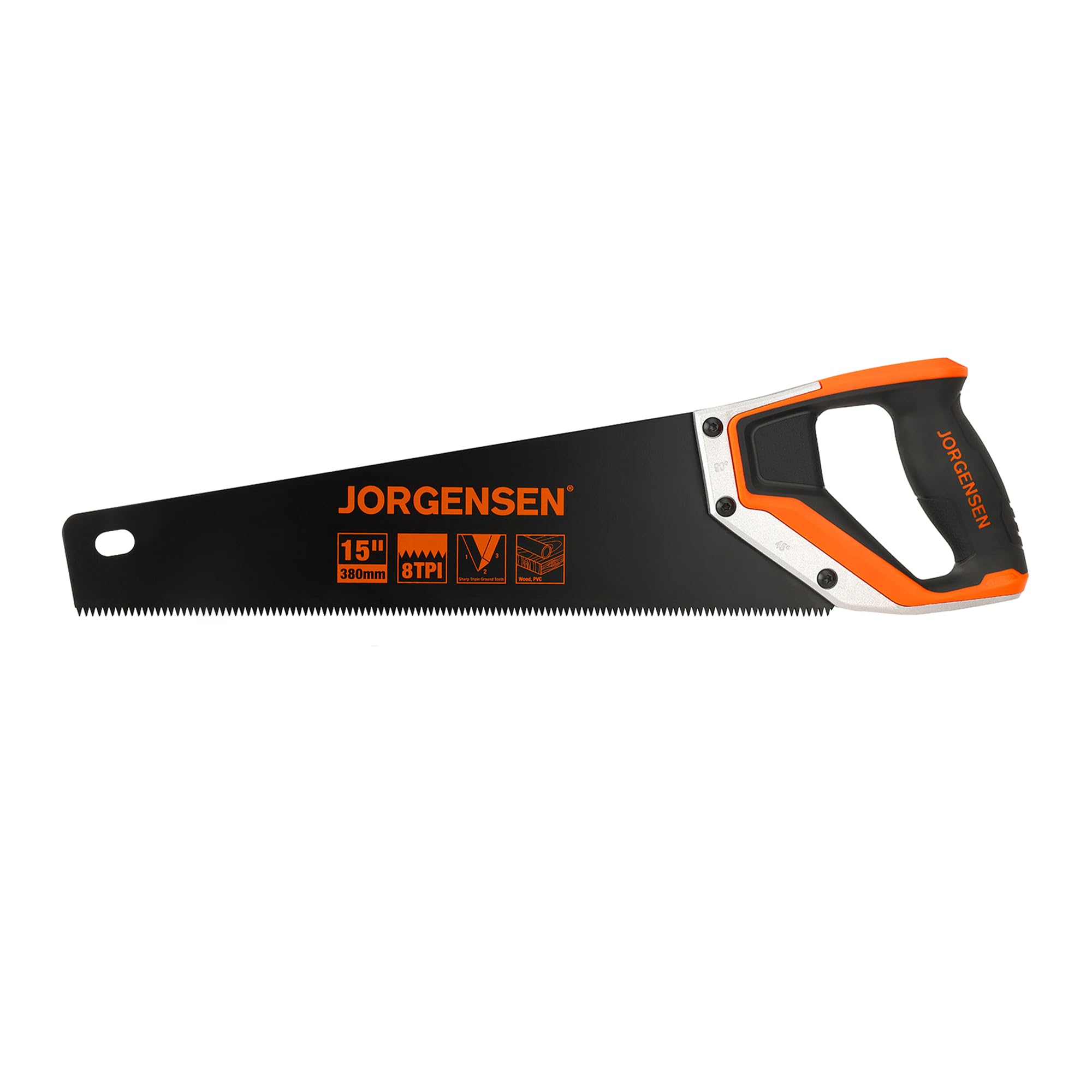 Jorgensen 15-inch hand saw blade close-up showing sharp teeth for precise cuts
