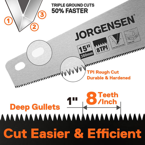Jorgensen 15in Pro Hand Saw 8TPI teeth for fast, fine cuts