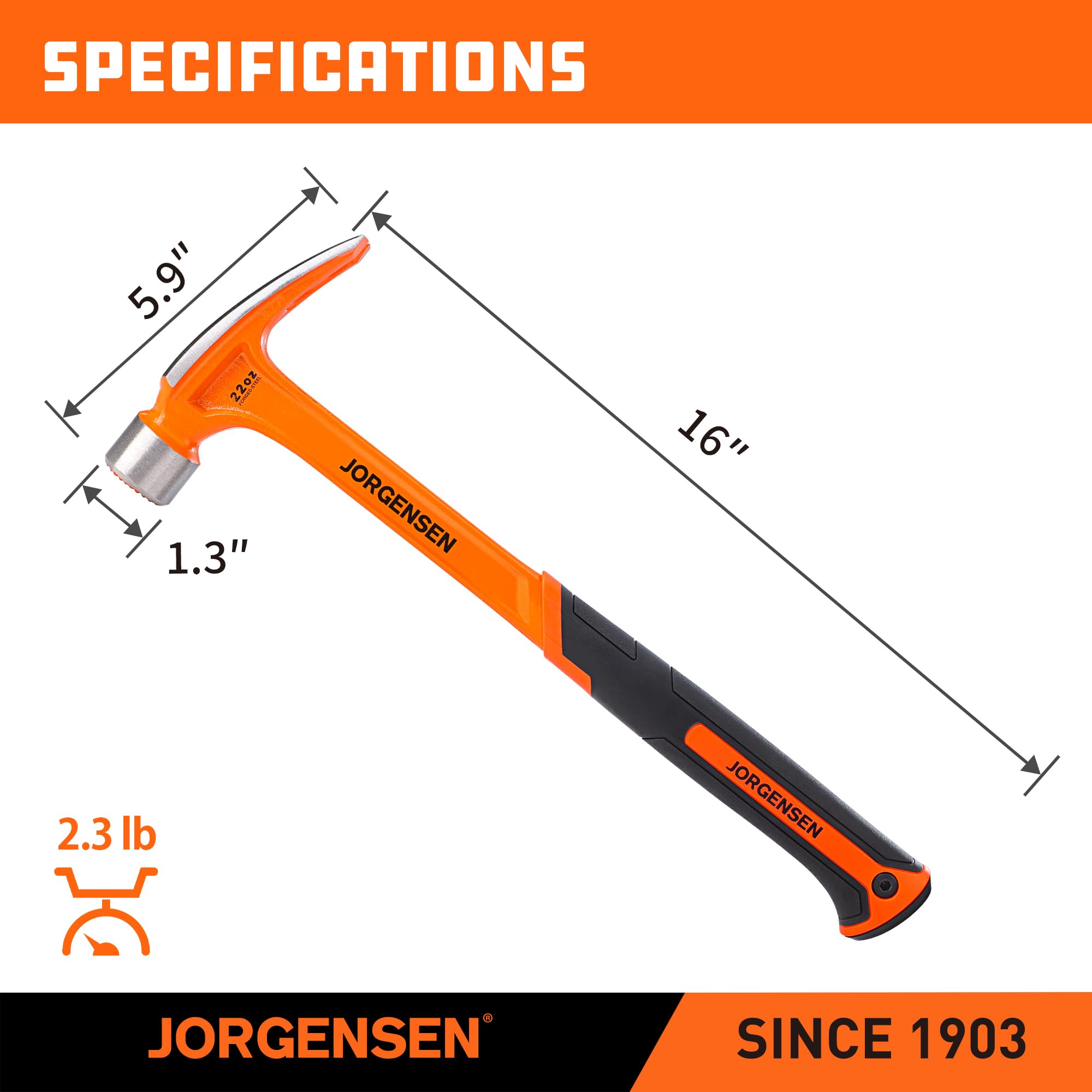 Jorgensen framing hammer showing magnetic nail starter for easy one-handed placement.