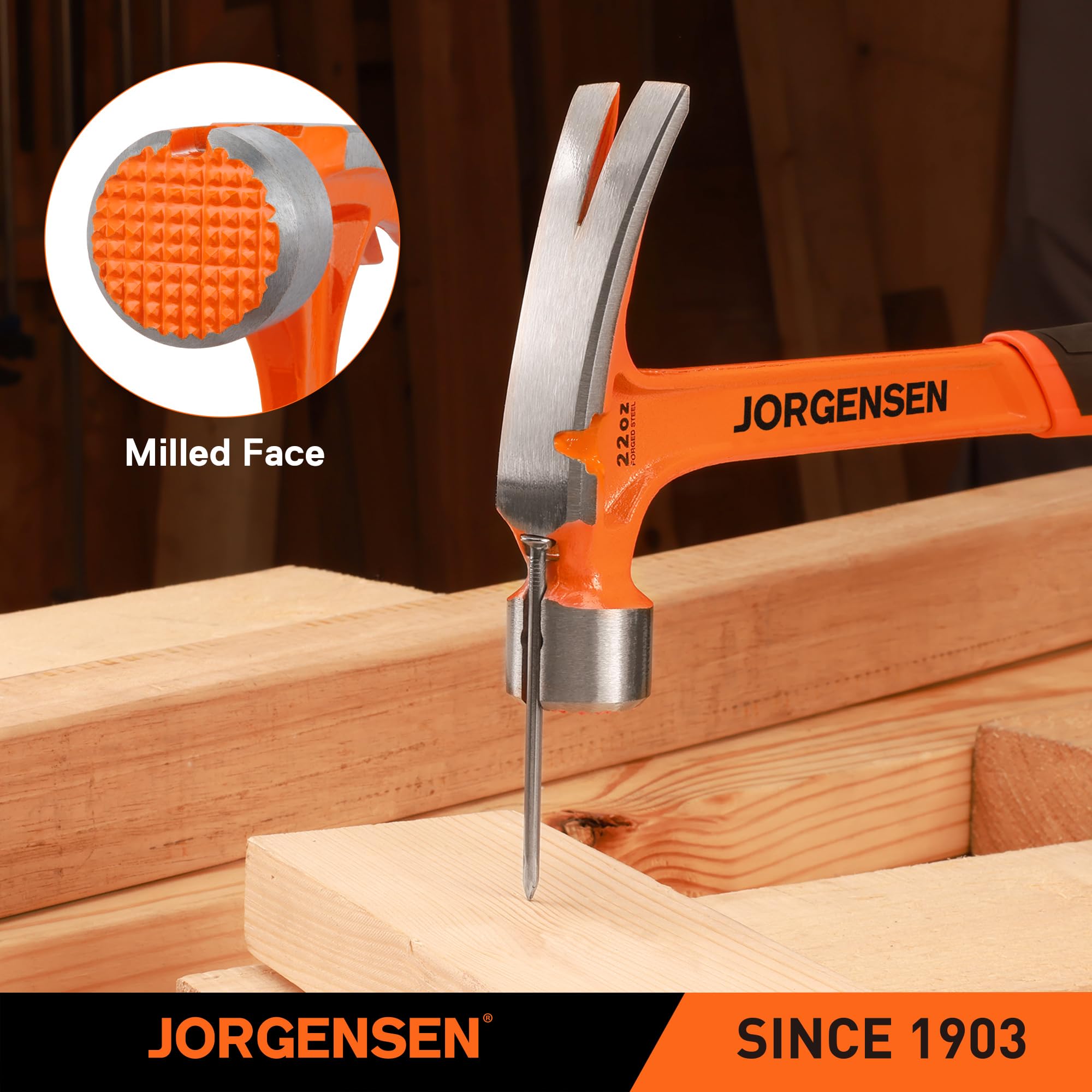 Jorgensen framing hammer with shock-absorbing grip reduces vibration and fatigue.