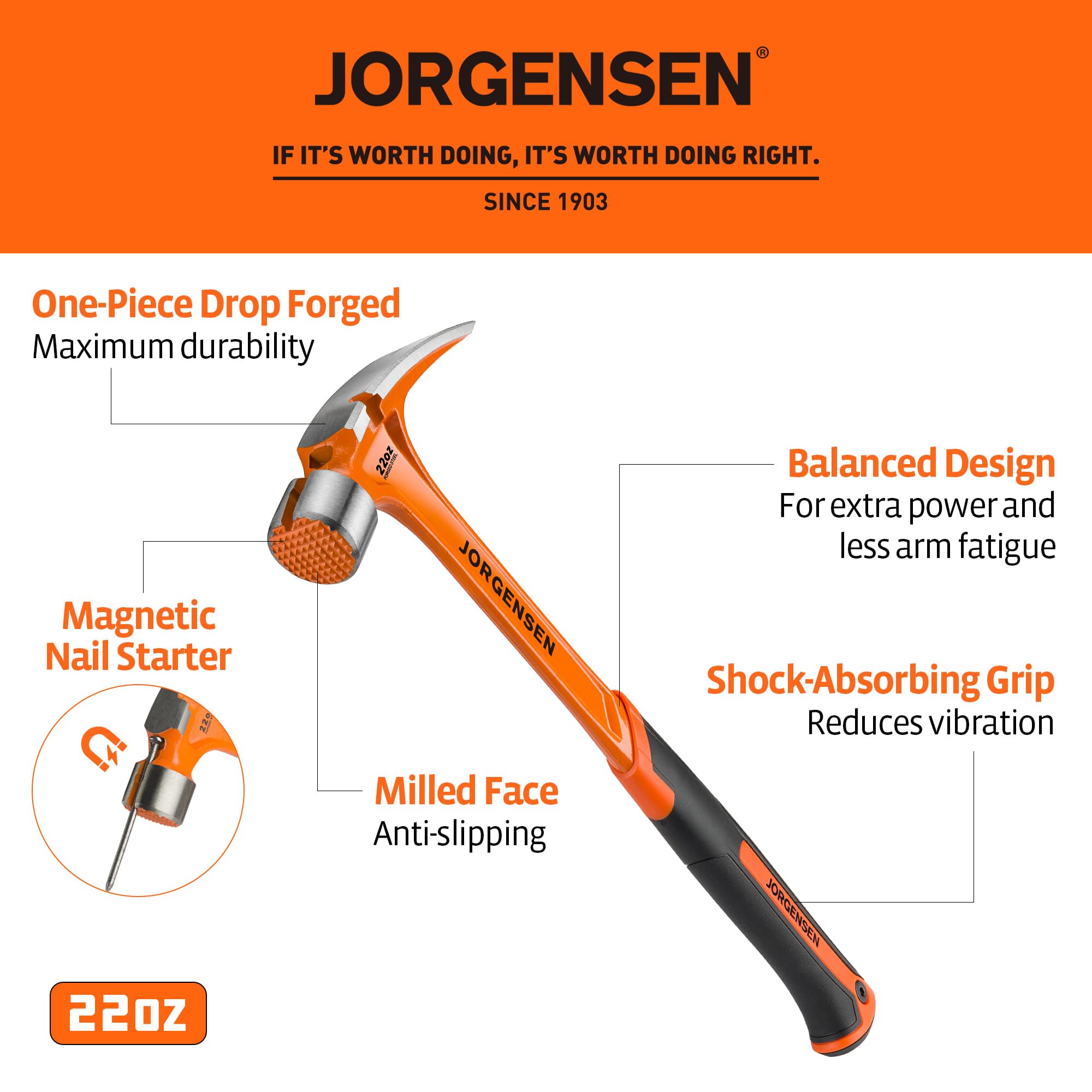 Jorgensen framing hammer with side nail puller for quick nail removal.