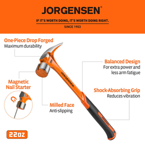 Jorgensen framing hammer with side nail puller for quick nail removal.