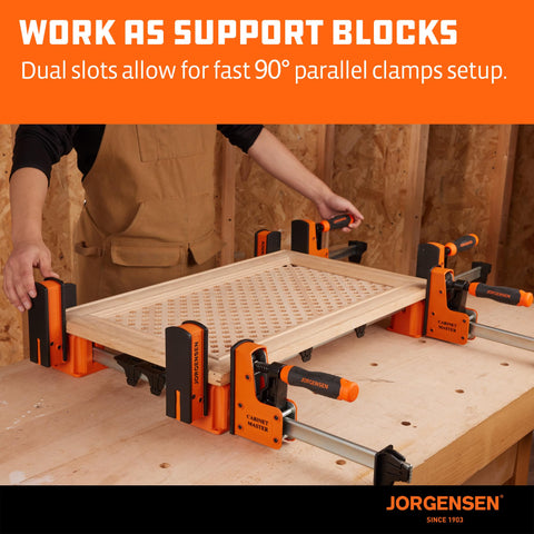 90-degree guide on Jorgensen 3-in-1 support block for quick clamp alignment