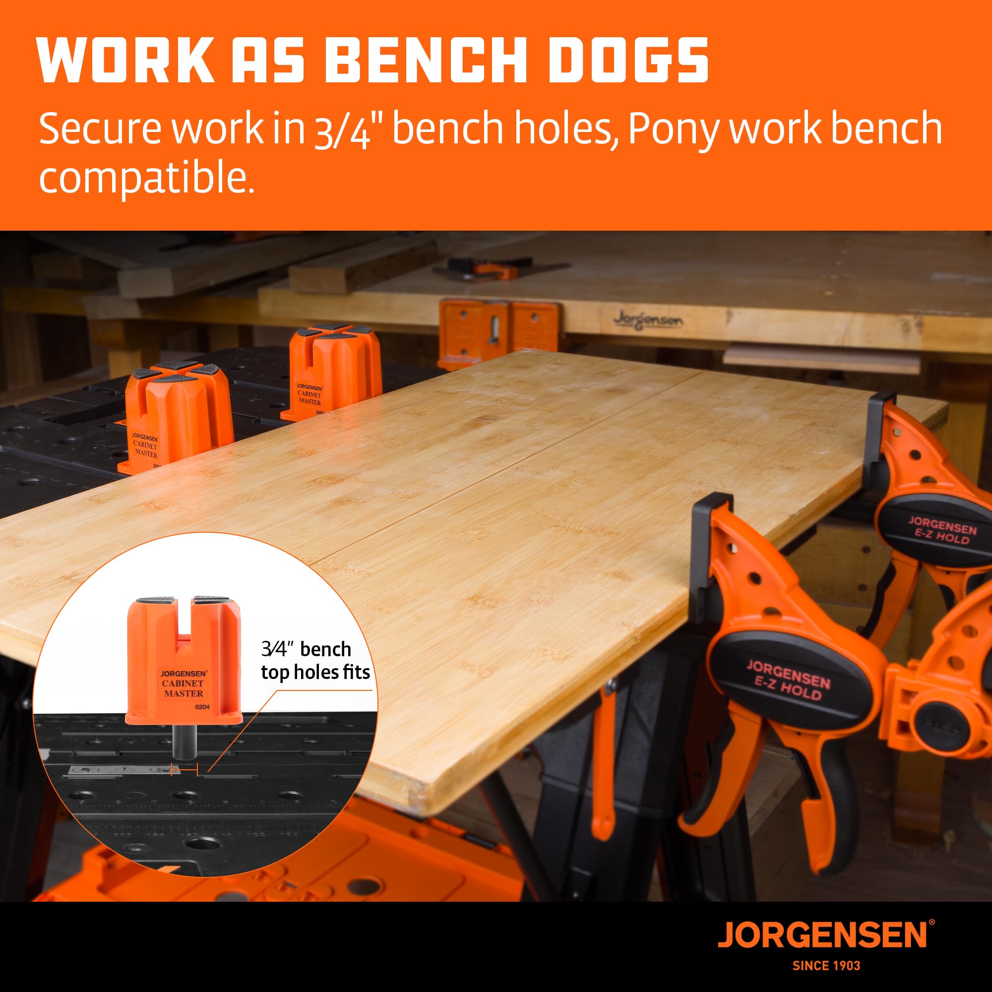 Jorgensen 3-in-1 support block fits 3/4-inch bench dog holes for top-hold