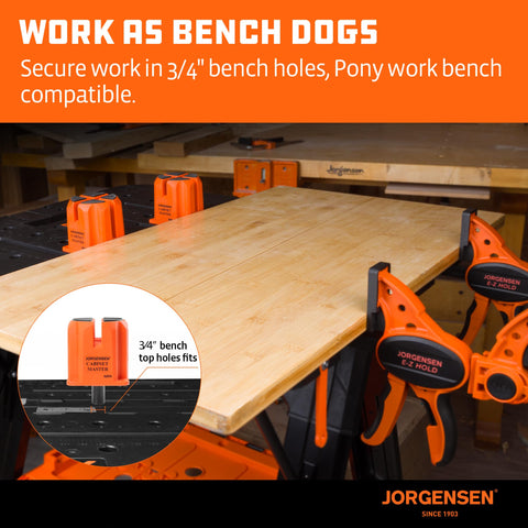 Jorgensen 3-in-1 support block fits 3/4-inch bench dog holes for top-hold