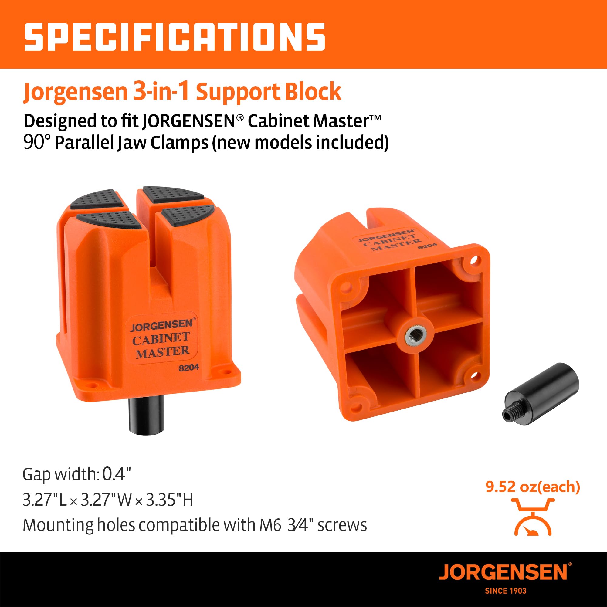 Durable polymer body of Jorgensen 3-in-1 support block for rugged shop use