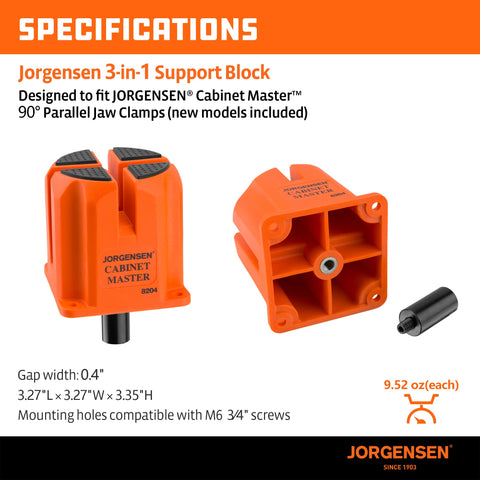 Durable polymer body of Jorgensen 3-in-1 support block for rugged shop use