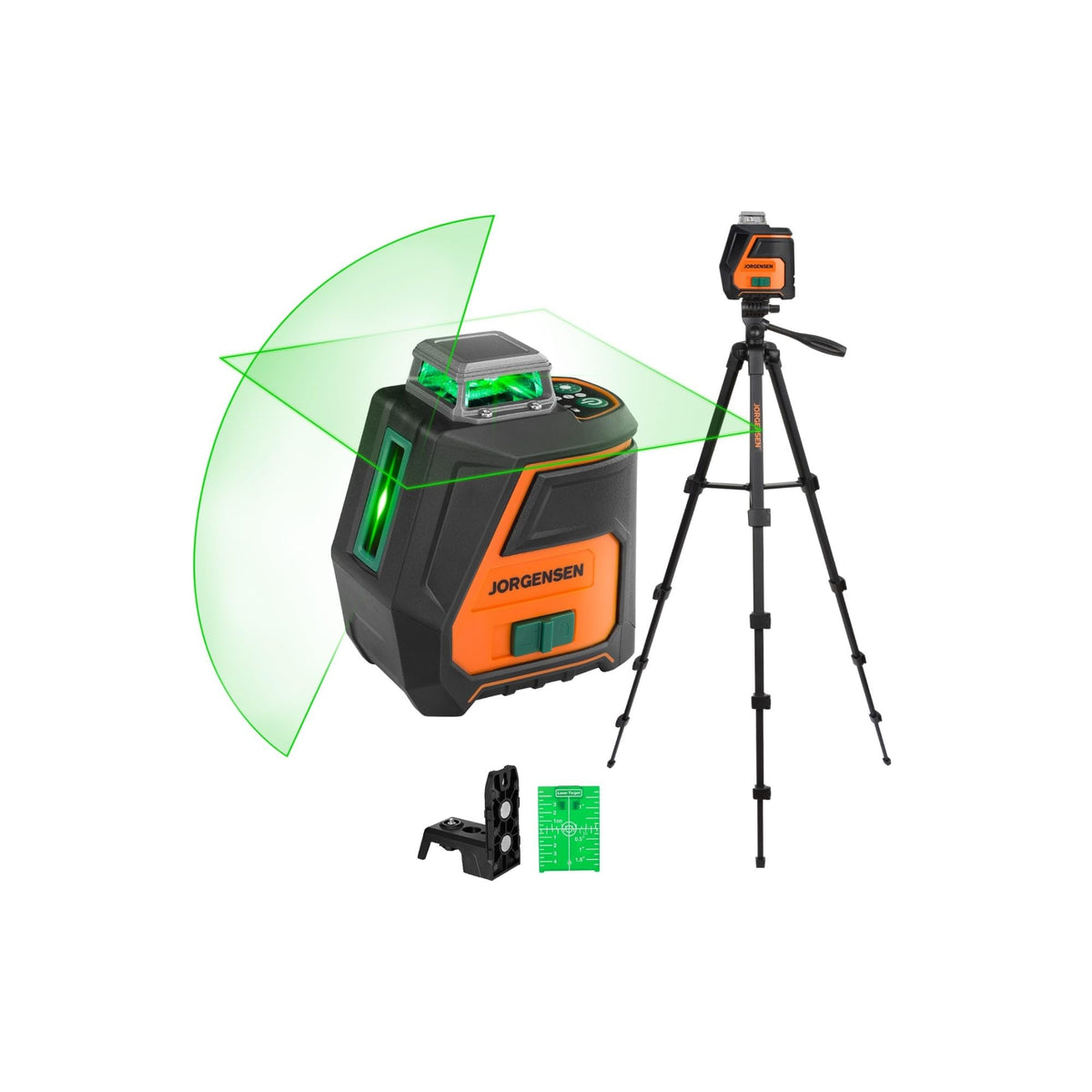 Jorgensen 360° laser level provides full-room alignment lines for quick setup.