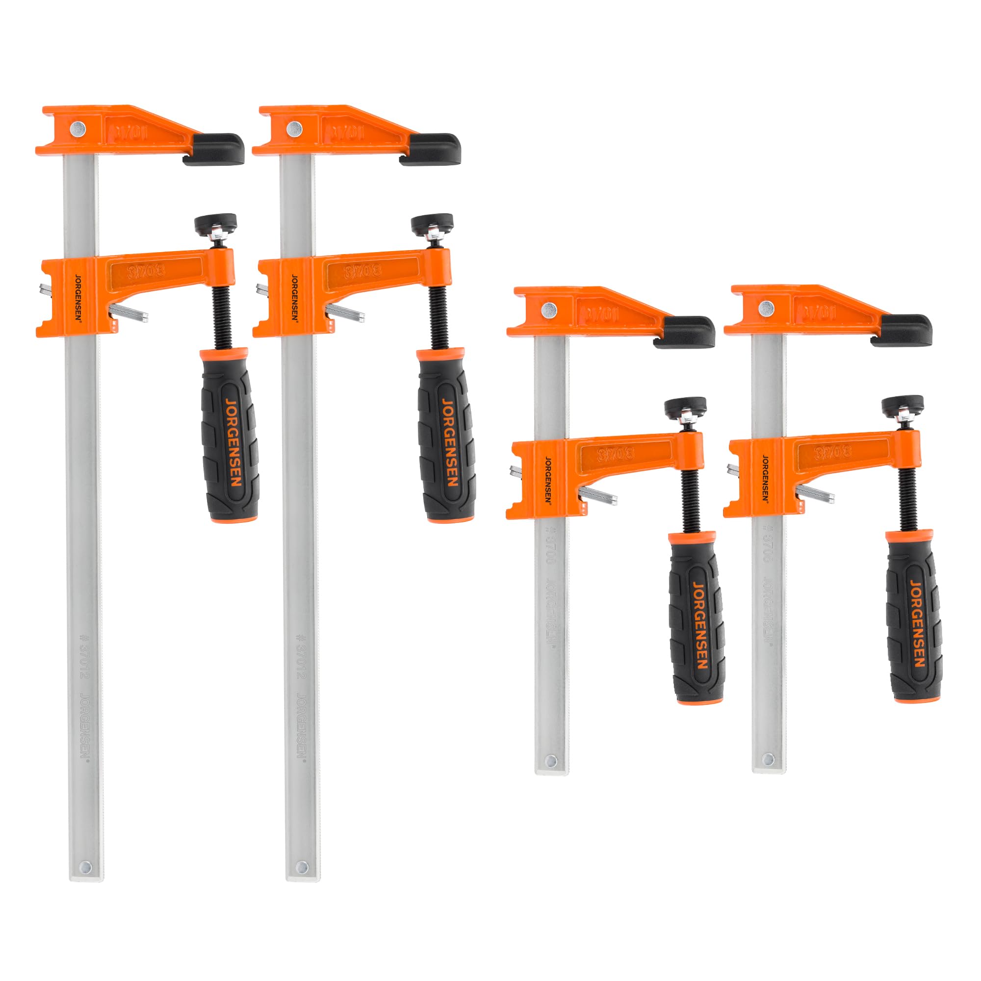 Jorgensen four-pack steel bar clamps set for precise woodworking.