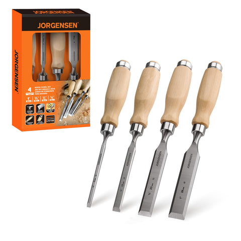 Jorgensen 4-Piece Wood Chisel Set blade close-up showing a sharp edge for precise woodwork.