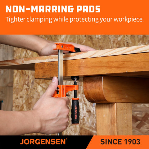 Jorgensen dual-pack clamps in workshop enable versatile projects.