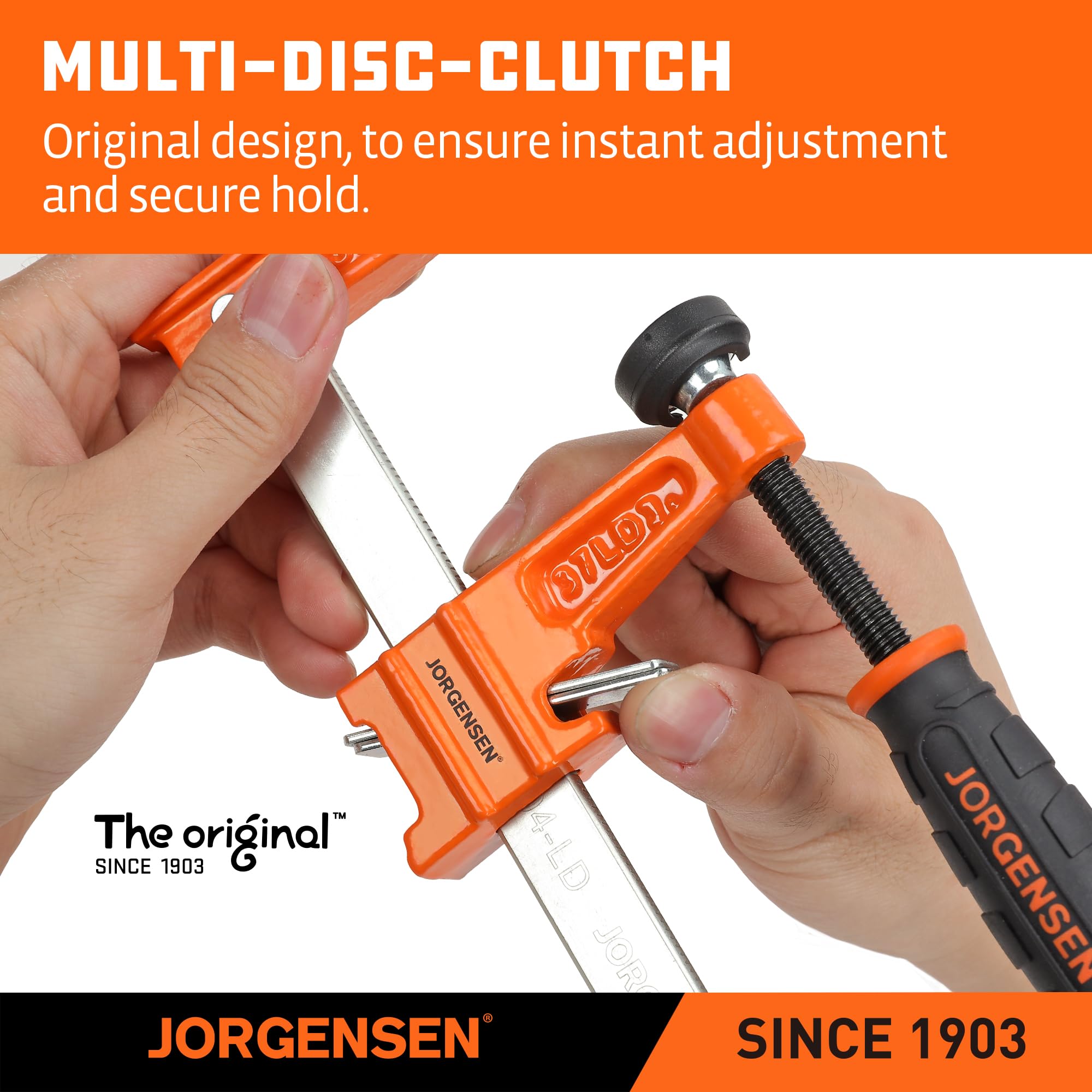 Jorgensen bar clamp soft-grip handle enhances control and comfort.