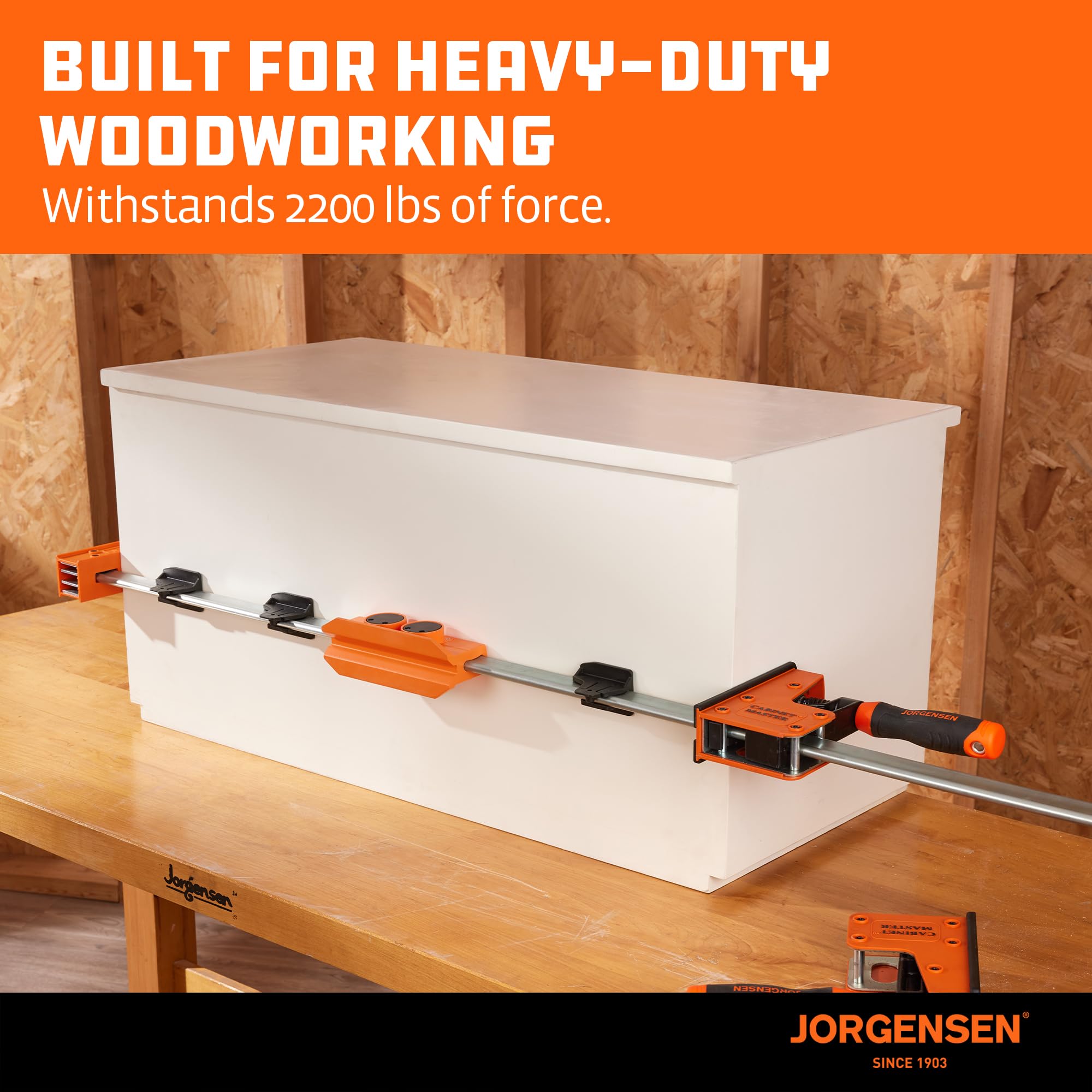 Jorgensen Cabinet Master alignment ensures precise 89–90° pressure distribution.