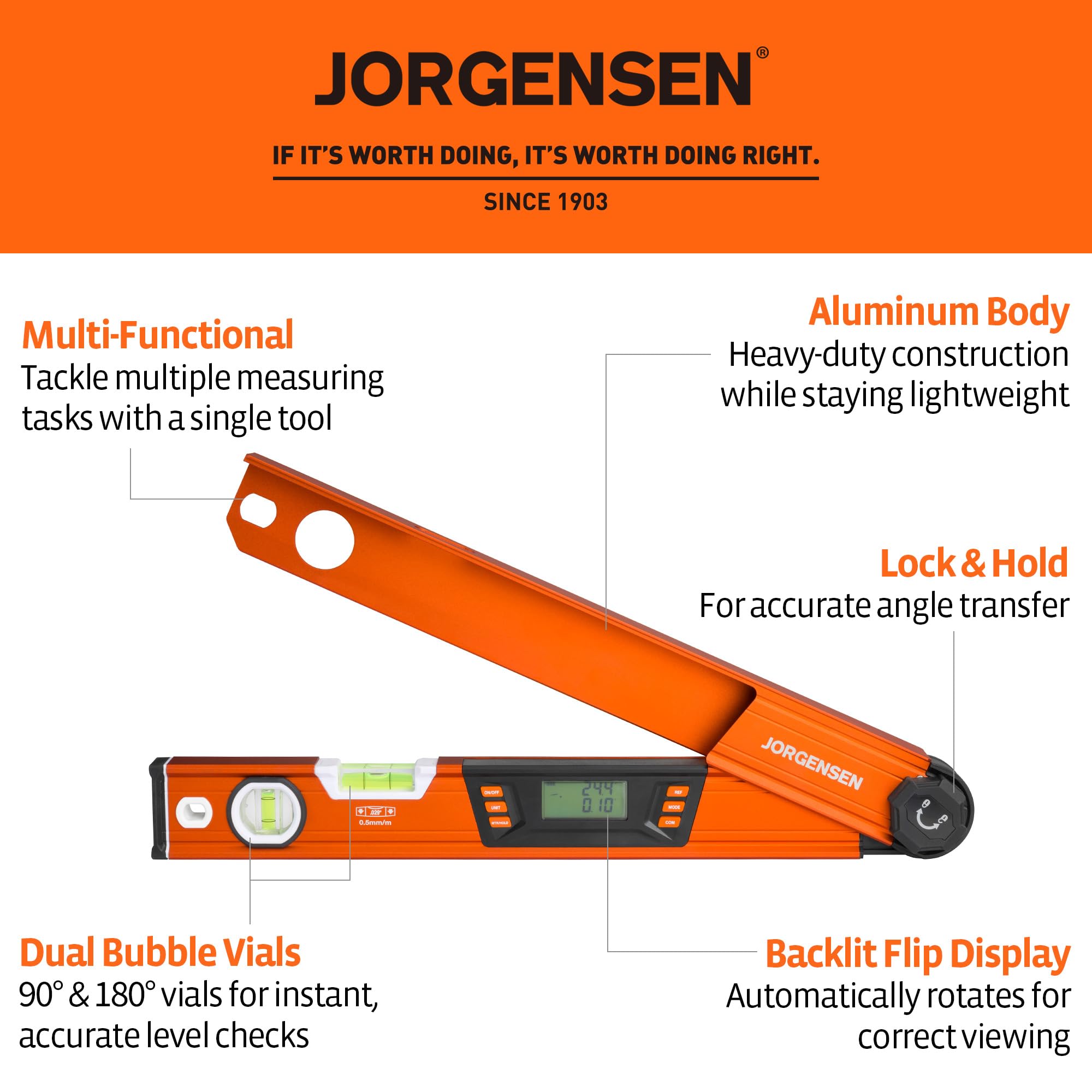 Jorgensen digital angle finder side profile showing compact portable design for on-site use