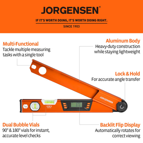 Jorgensen digital angle finder side profile showing compact portable design for on-site use